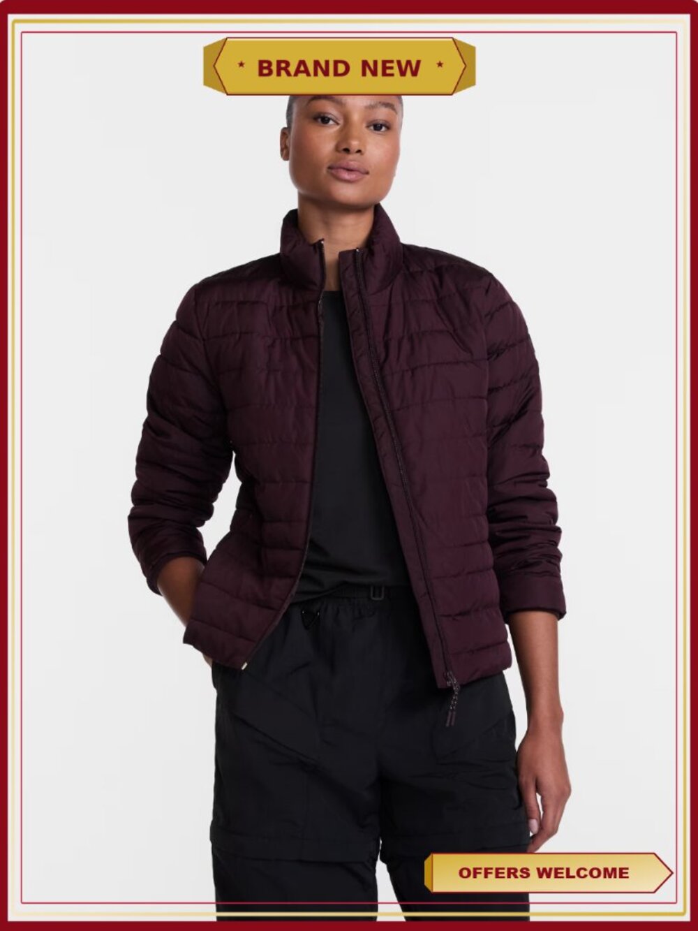Quilted Puffer Jacket Zip-Up Stand Collar Side Zip Pockets Womens